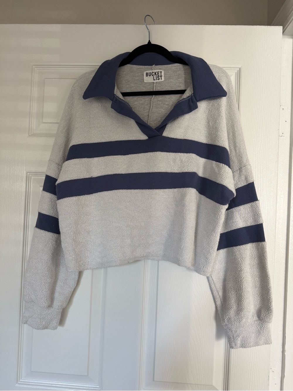 BUCKETLIST Light Gray and Navy Striped Collared Sweatshirt